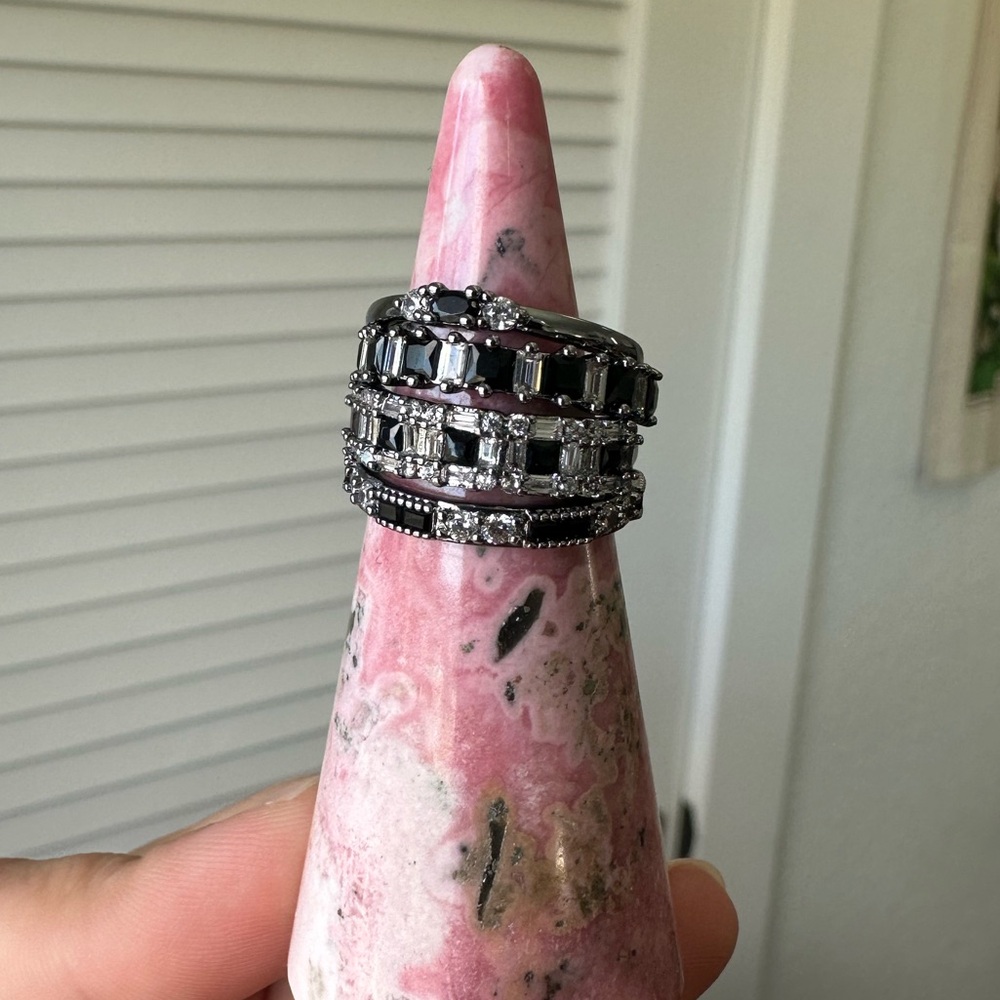 Elegant Hematite, Onyx and diamond CZ ring stack